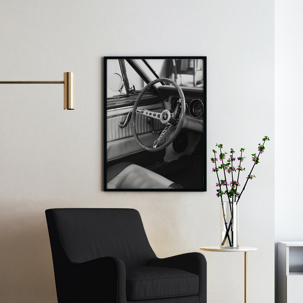 Vintage Ford Mustang Interior in Black & White