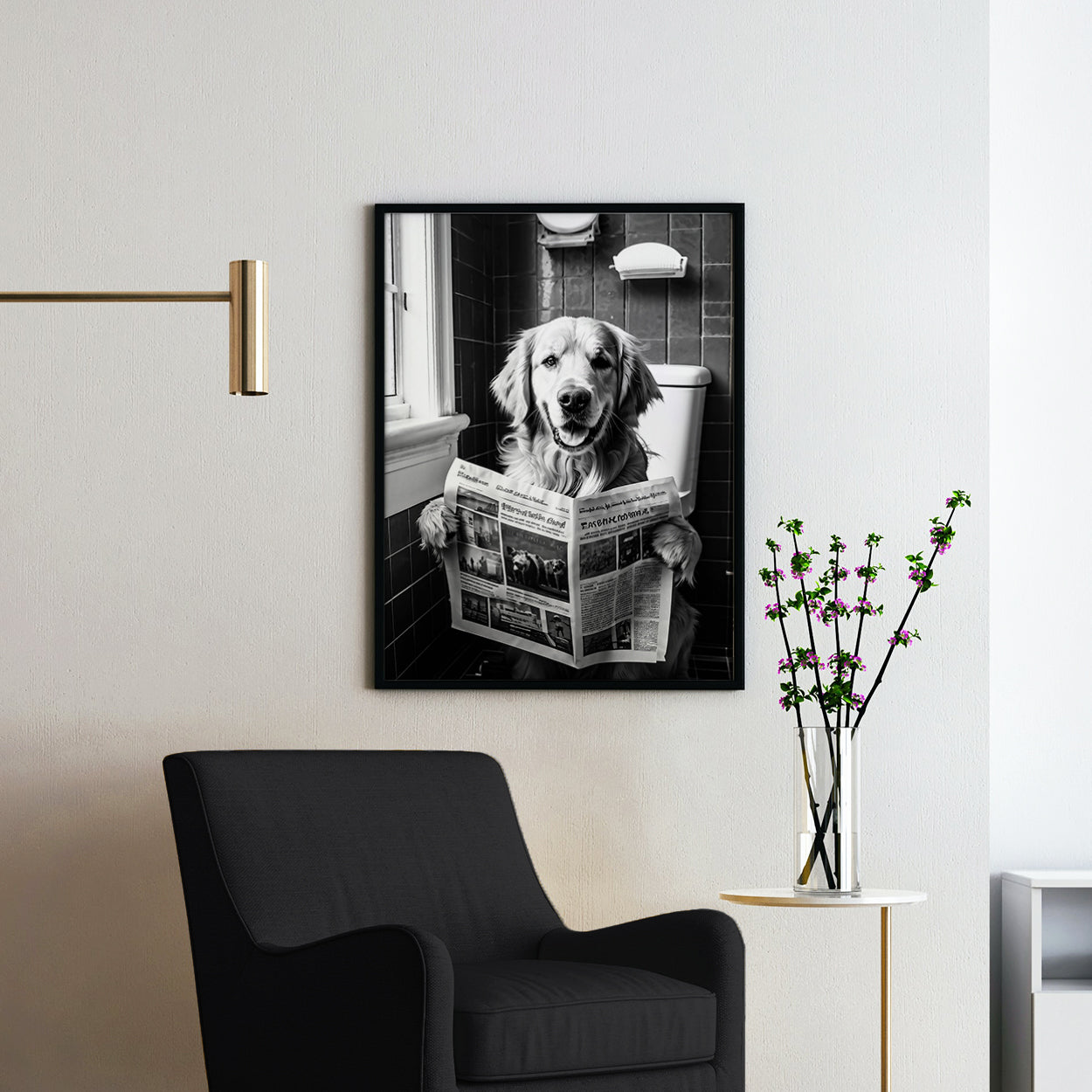 Golden Retriever Reading Newspaper On Toilet