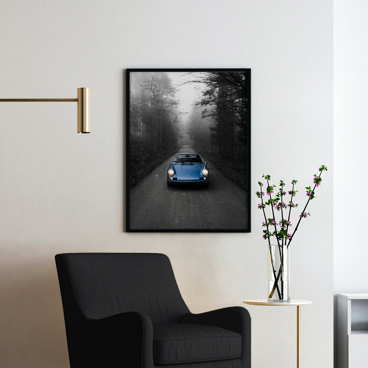 Vintage Blue Porsche in the Mist on Black & White