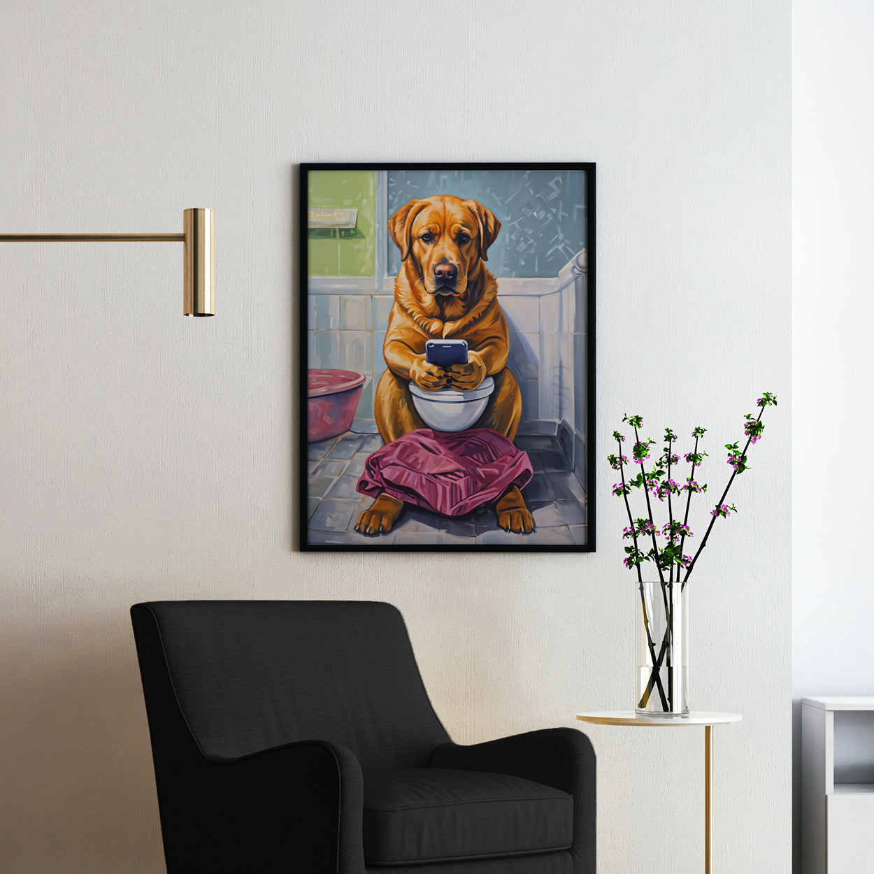 Yellow Labrador Retriever On Phone On The Toilet