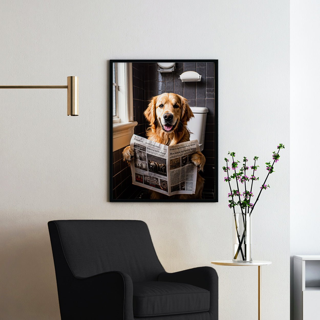Golden Retriever Reading The Newspaper On The Toilet
