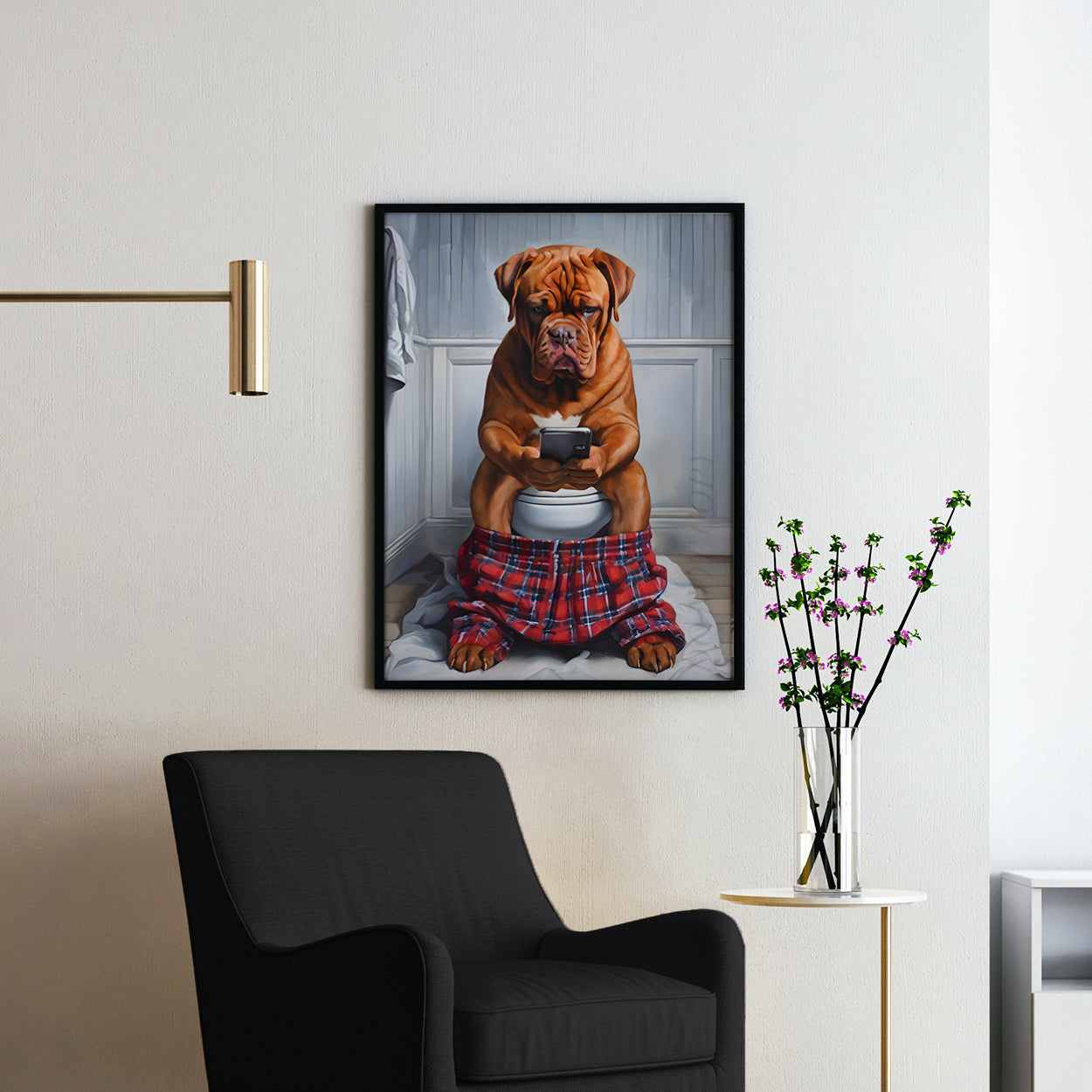 French Bordeaux Mastiff On The Phone On The Toilet