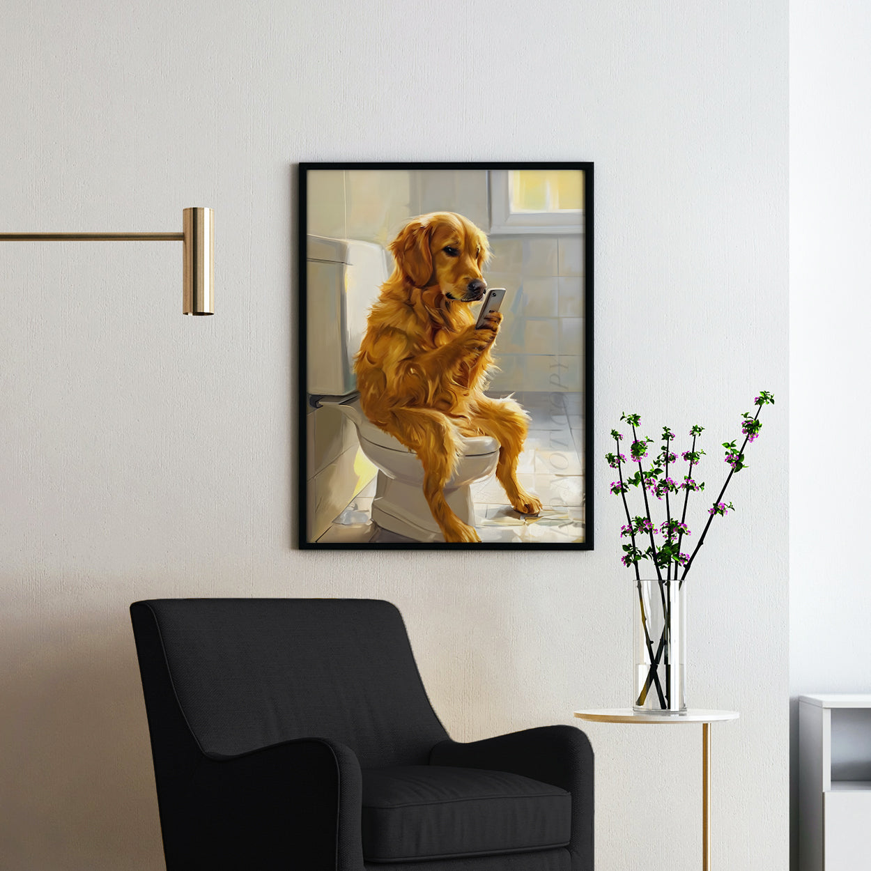 Golden Retriever On Phone On The Toilet