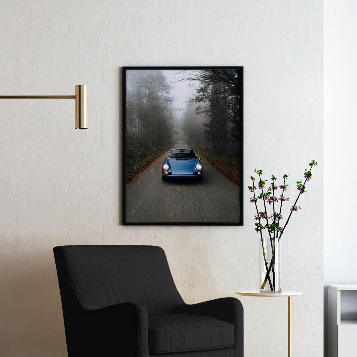 Vintage Blue Porsche in the Mist