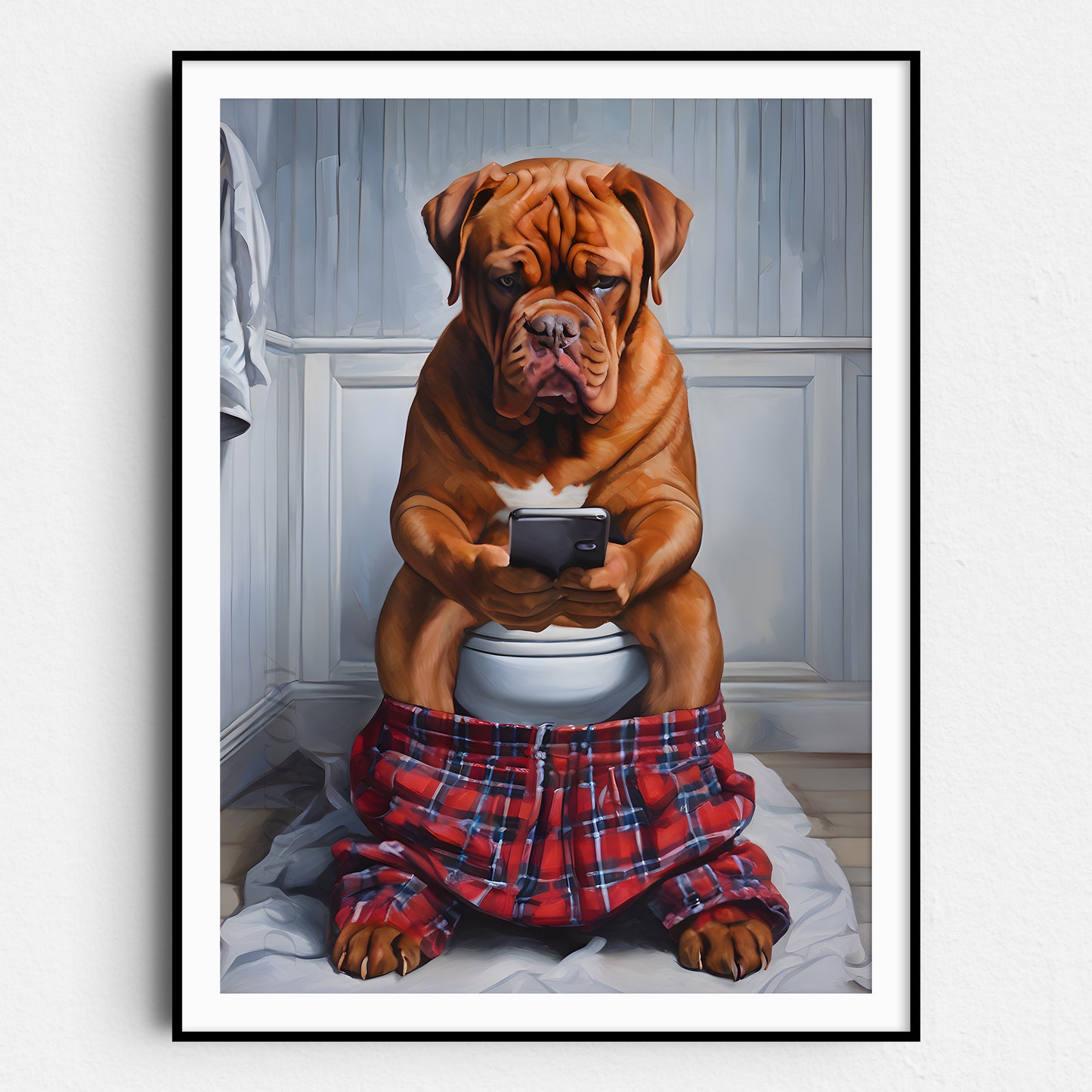 French Bordeaux Mastiff On The Phone On The Toilet