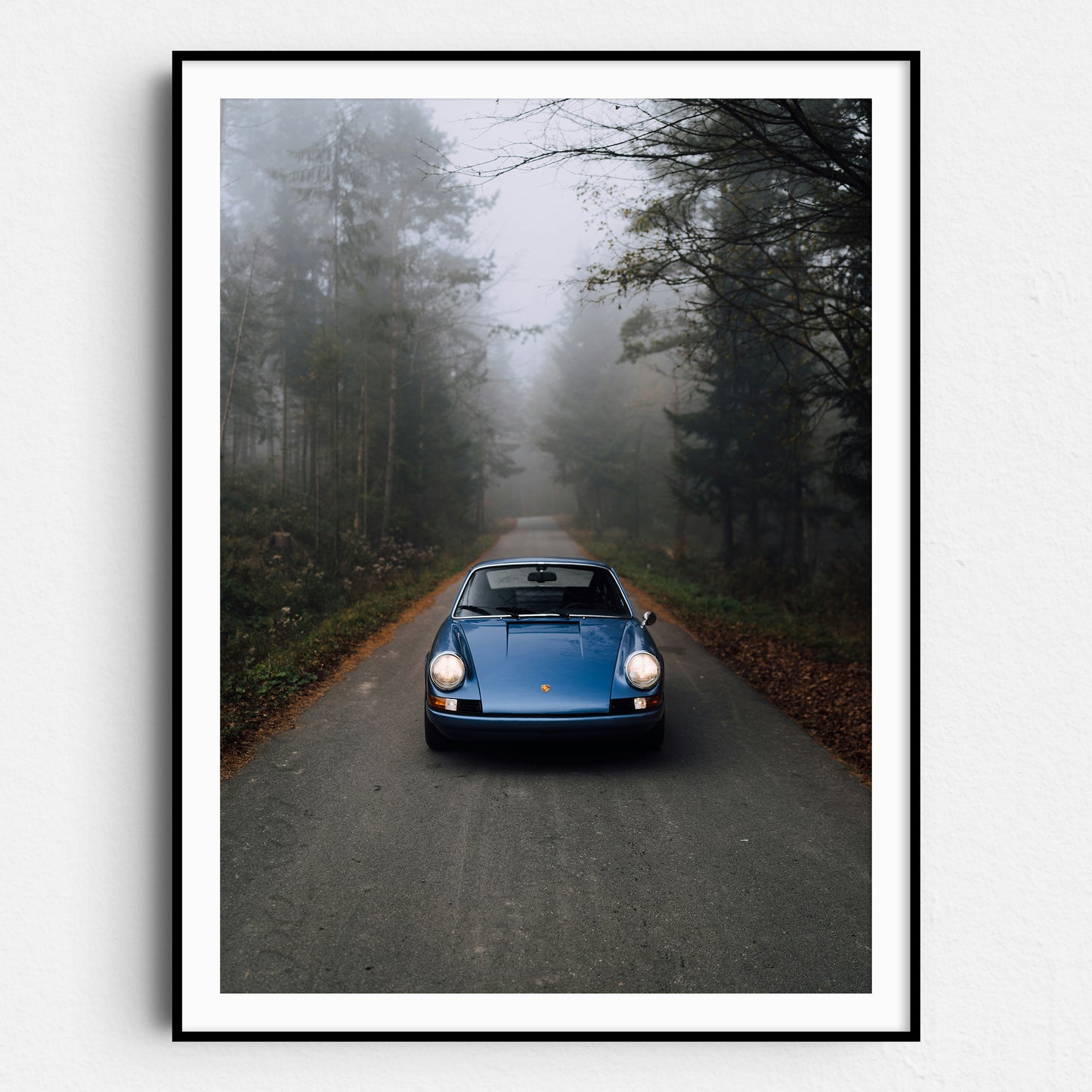 Vintage Blue Porsche in the Mist