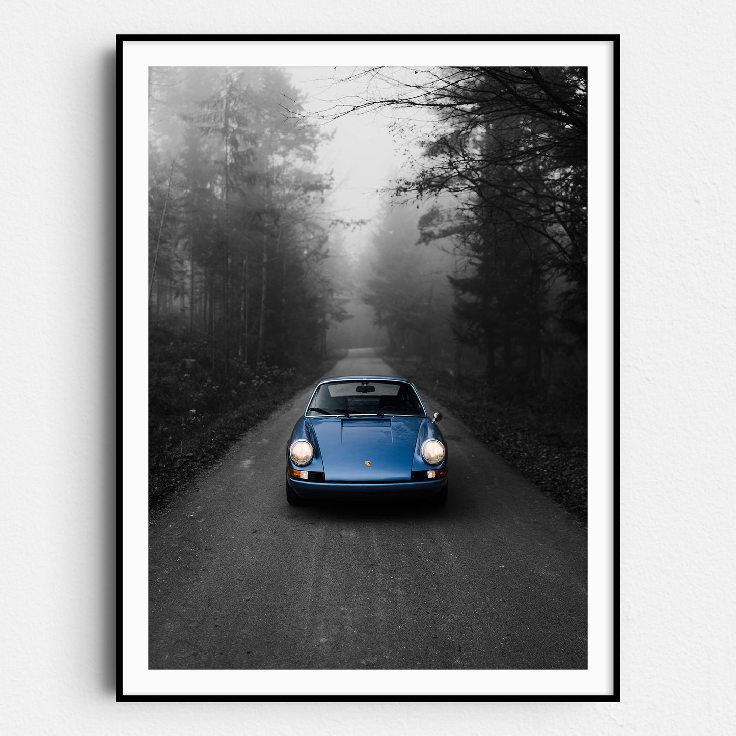 Vintage Blue Porsche in the Mist on Black & White