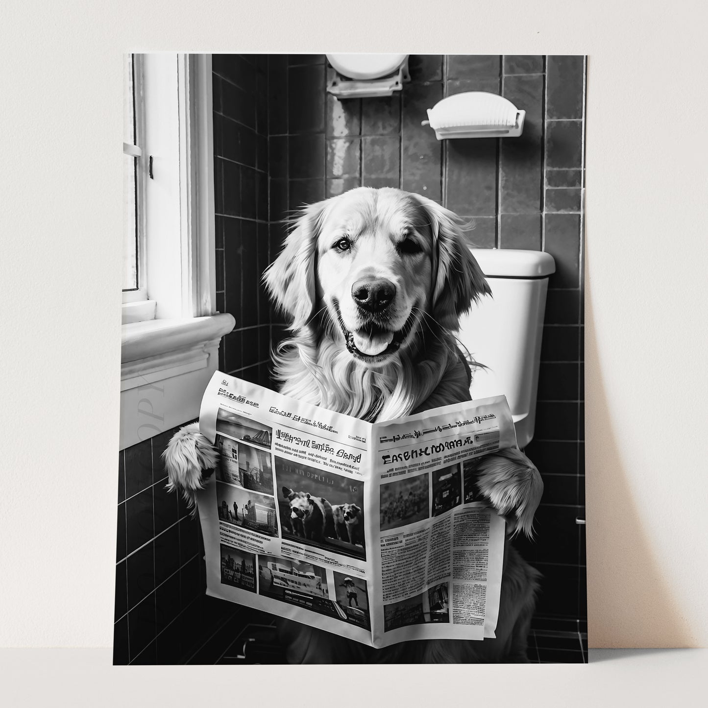 Golden Retriever Reading Newspaper On Toilet