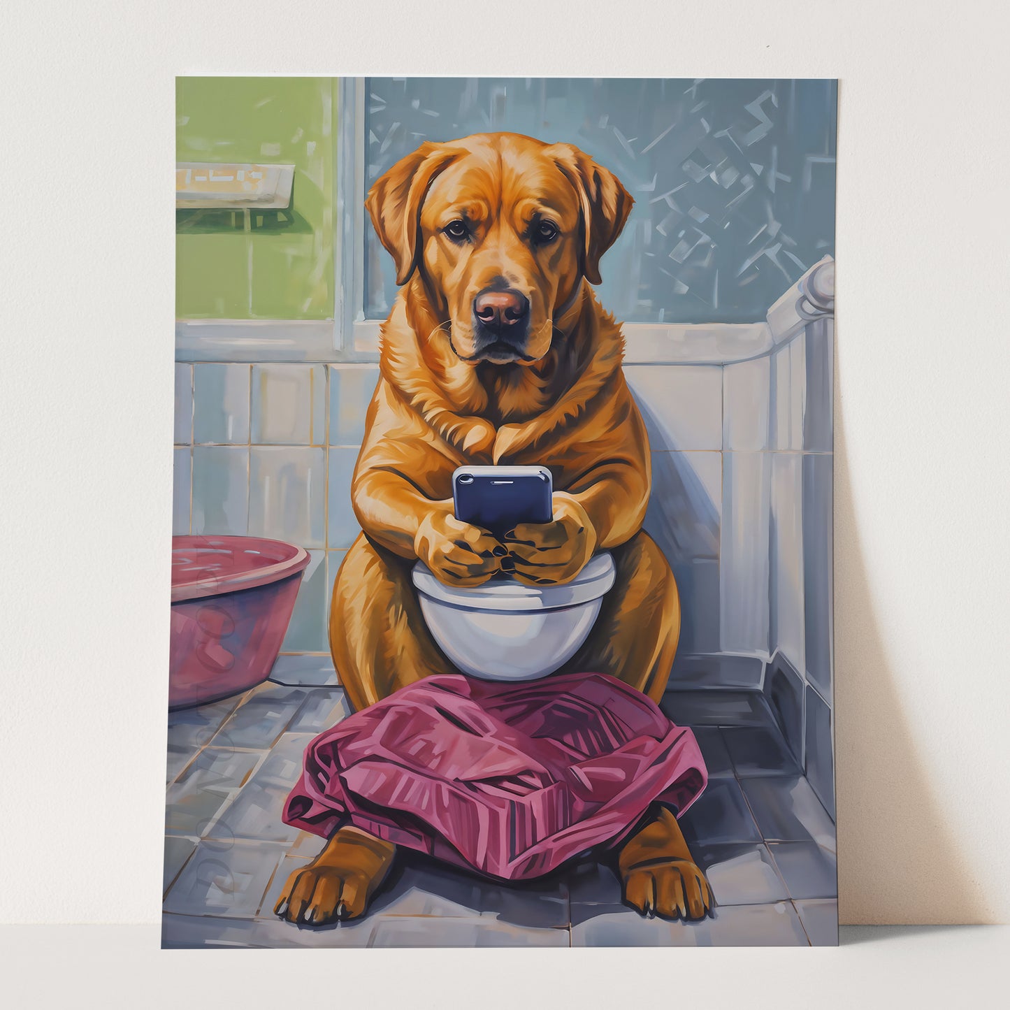 Yellow Labrador Retriever On Phone On The Toilet