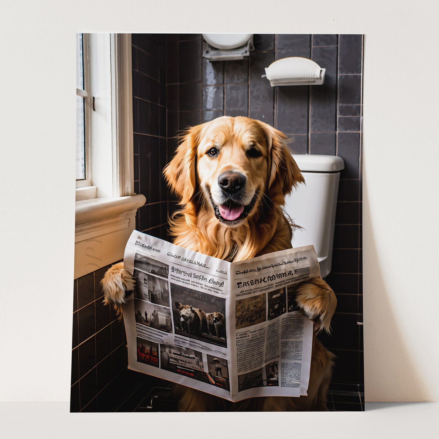 Golden Retriever Reading The Newspaper On The Toilet