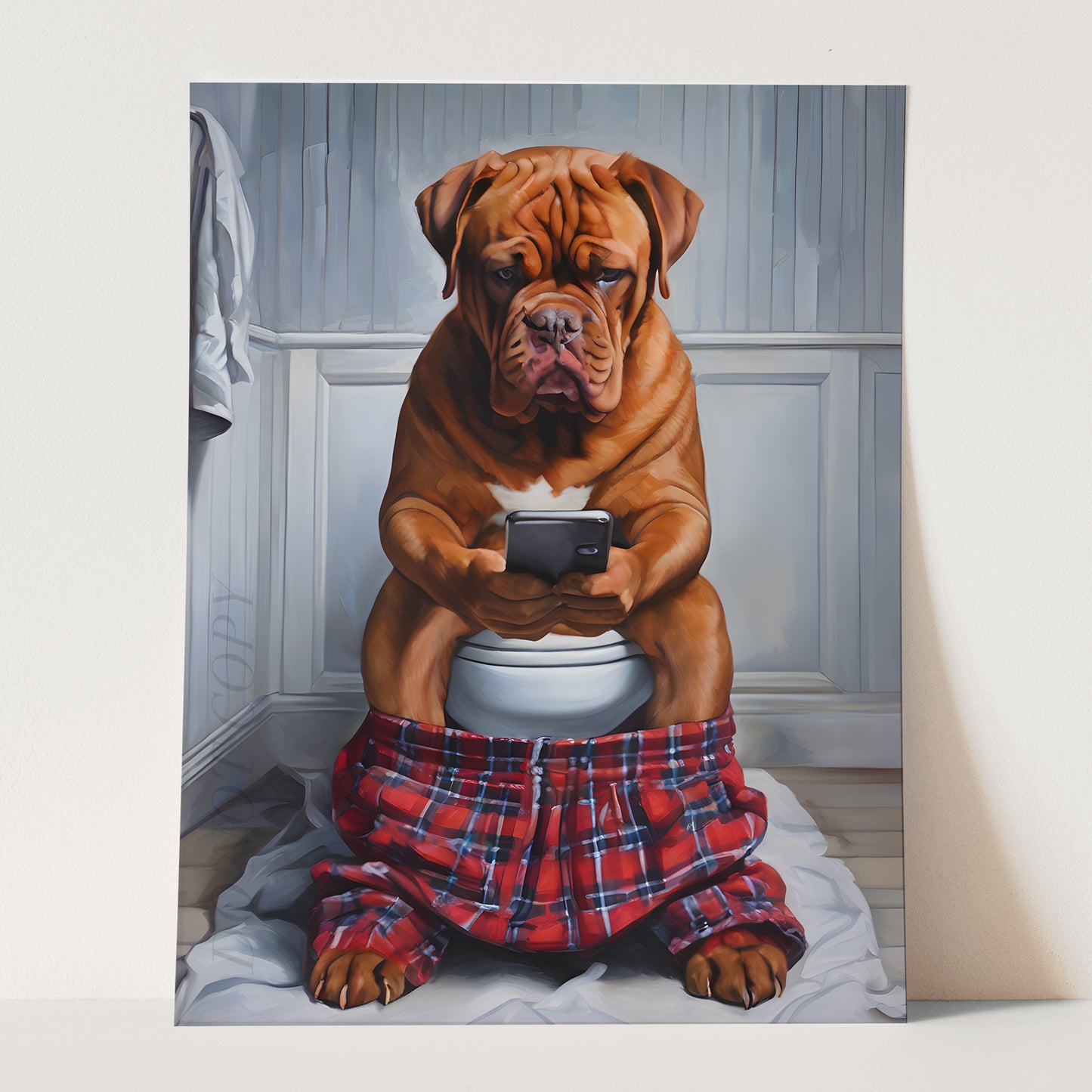 French Bordeaux Mastiff On The Phone On The Toilet