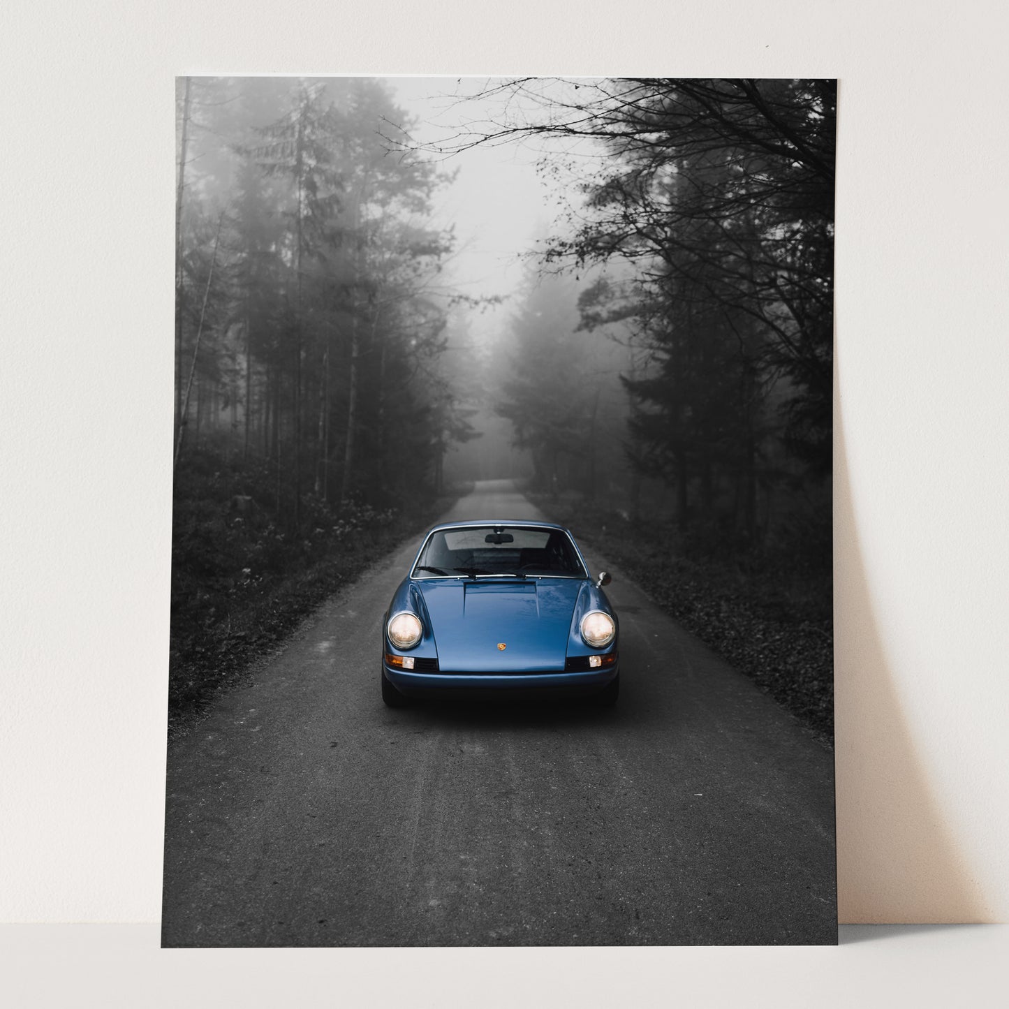 Vintage Blue Porsche in the Mist on Black & White