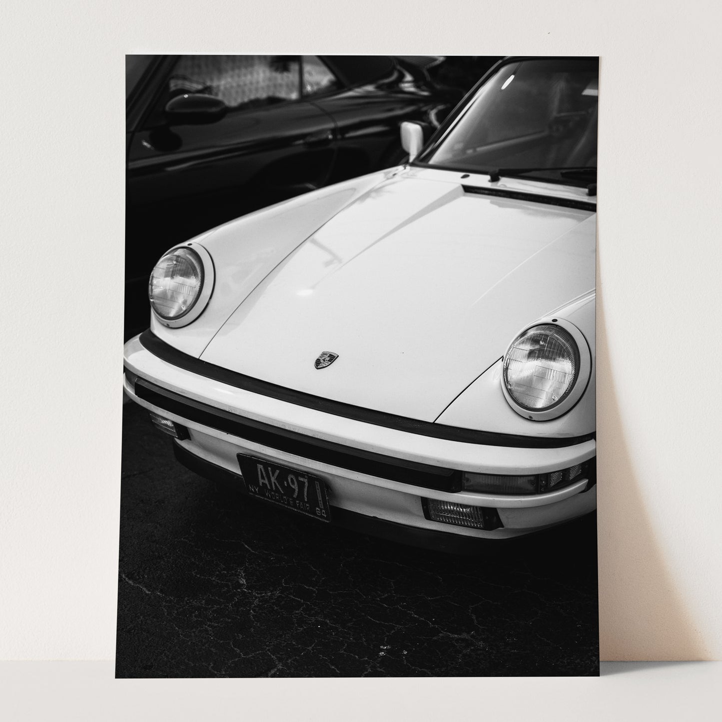 Vintage White Porsche 911 Lights in Black & White