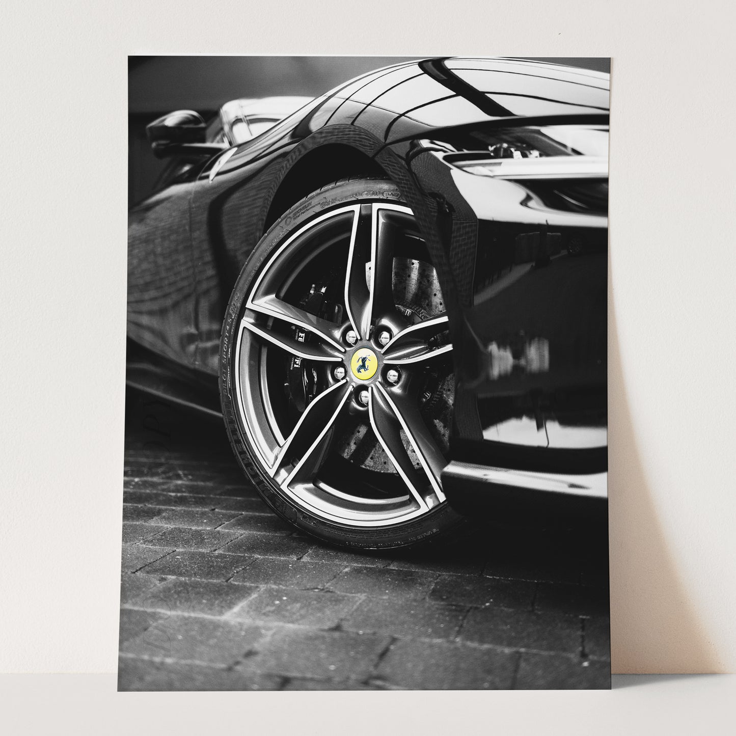 Yellow Ferrari Logo on Black & White
