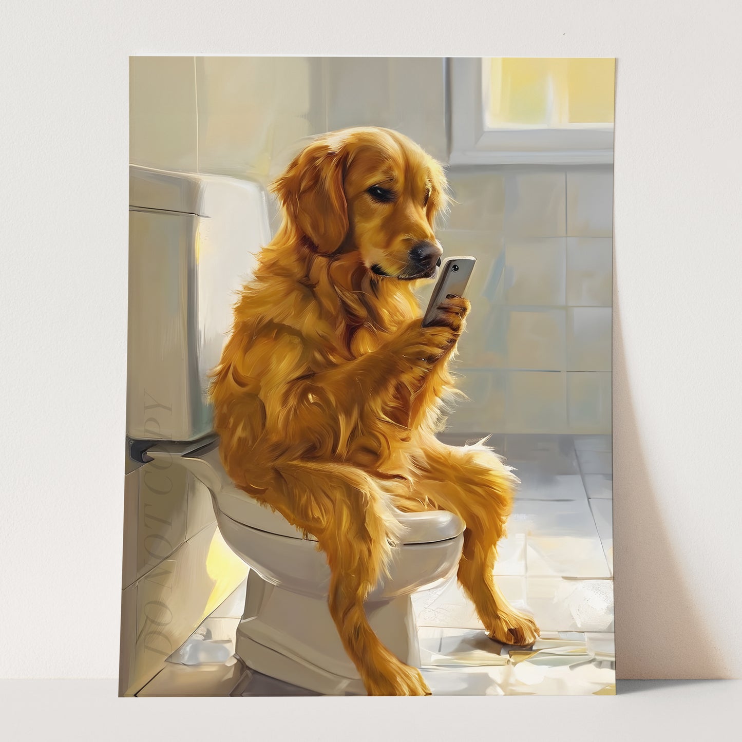 Golden Retriever On Phone On The Toilet