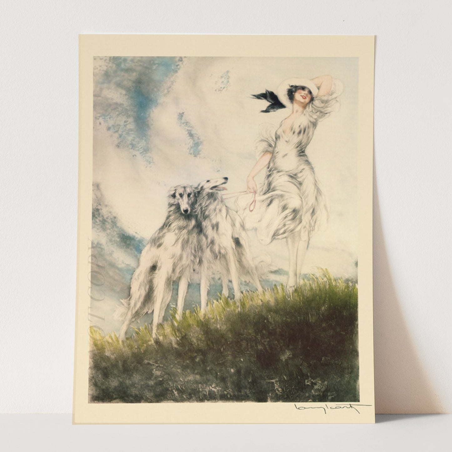 Icart Fashion Lady Joy of Life Borzoi Dogs Art Deco Vintage Poster