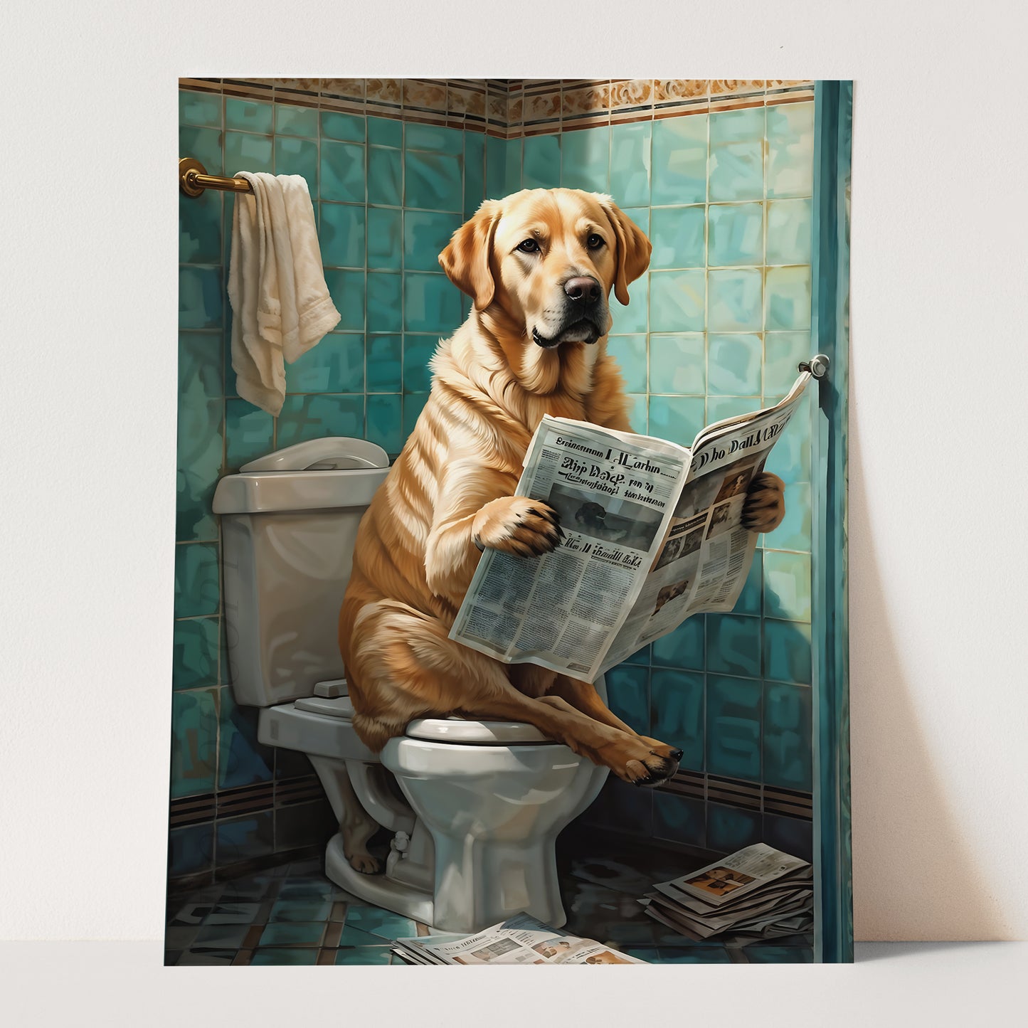 Labrador Retriever Reading The Newspaper On The Toilet