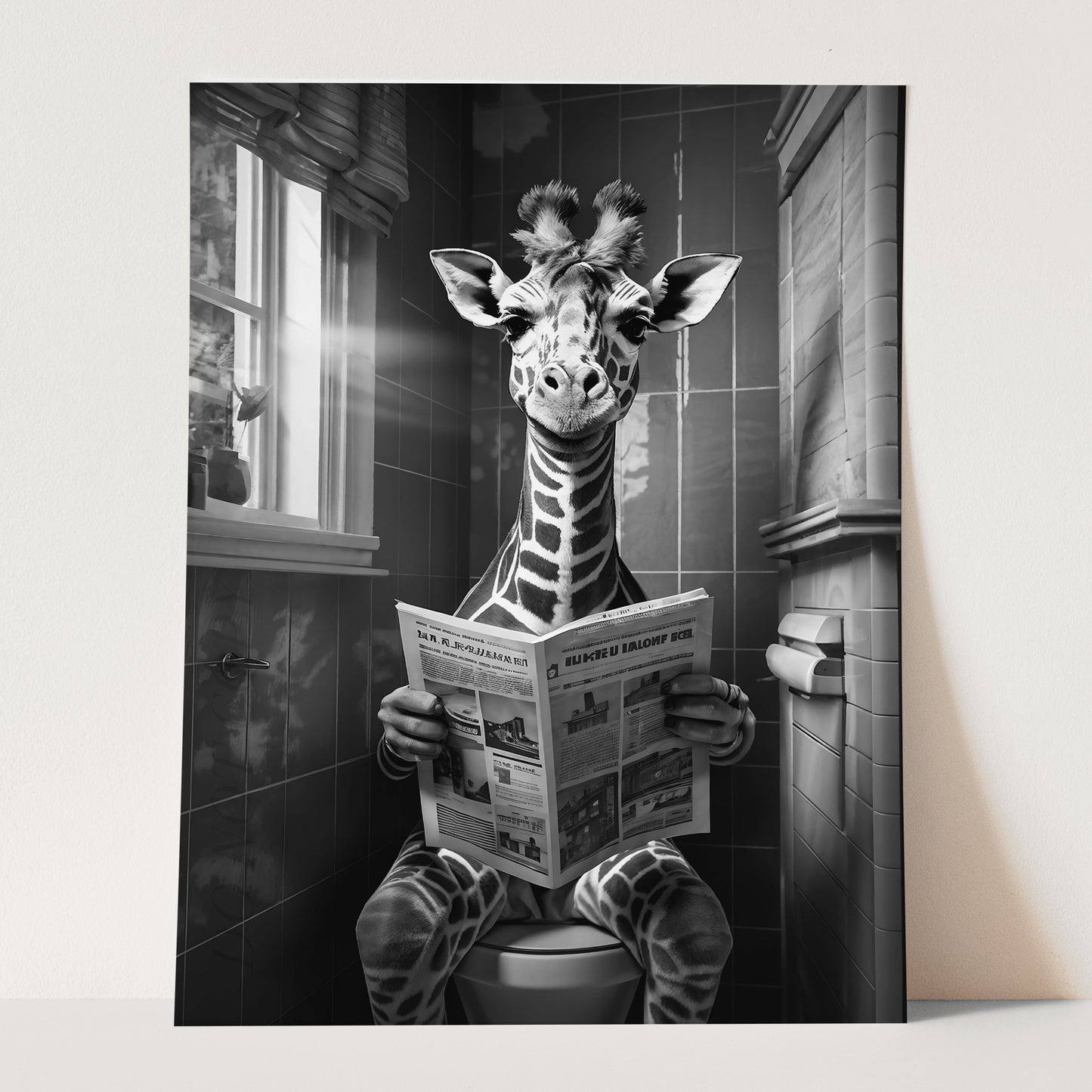 Giraffe On Toilet Reading Newspaper