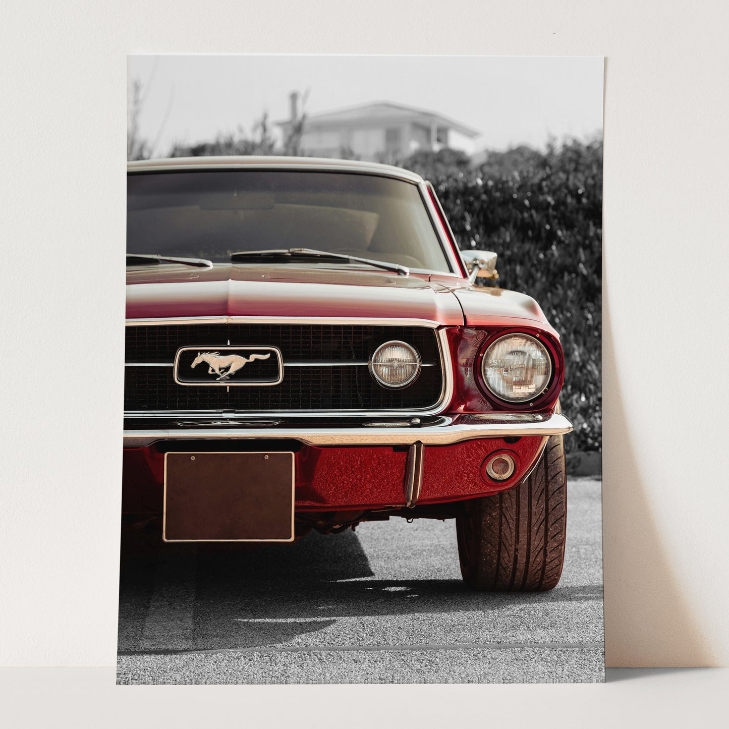 Vintage Red Ford Mustang on Black & White