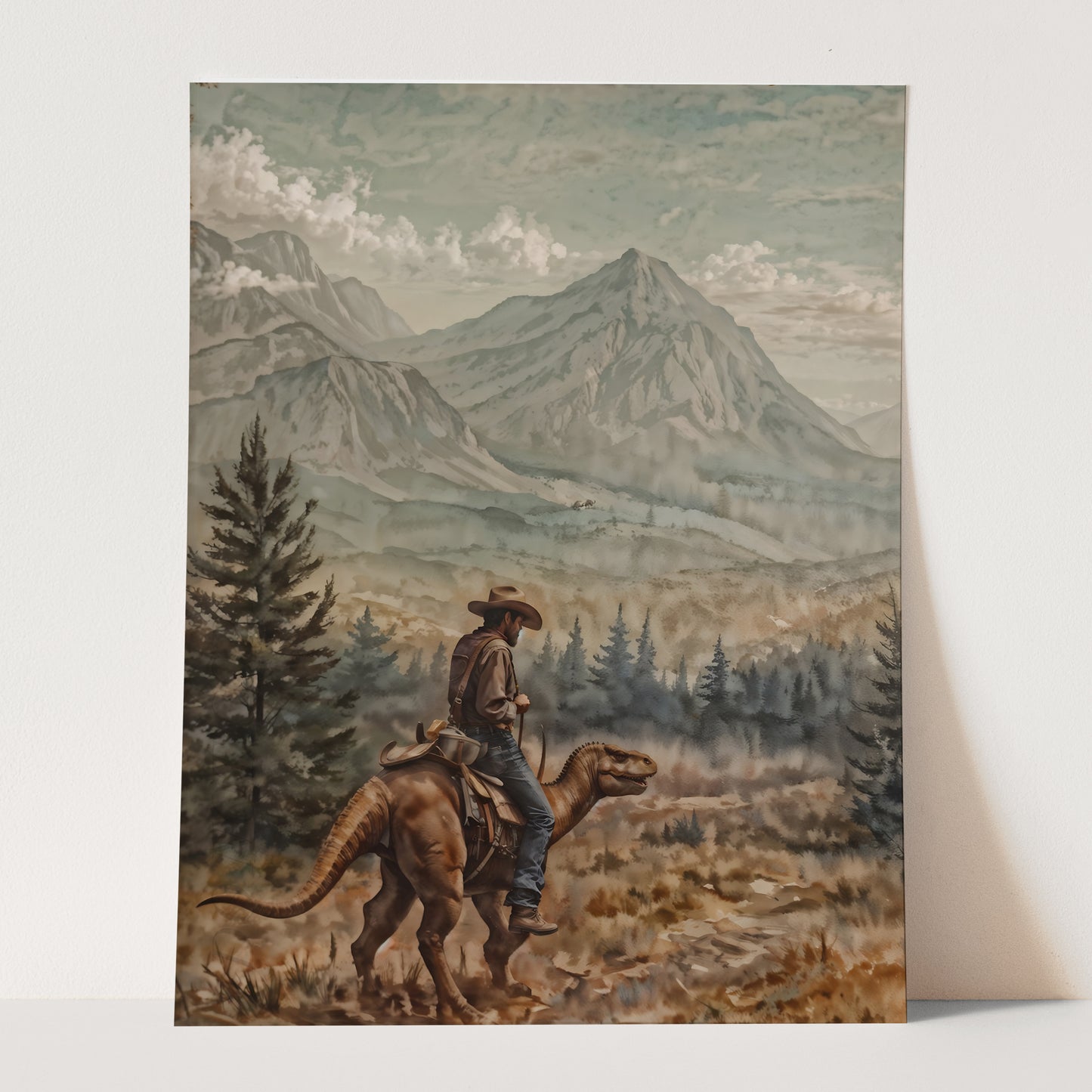 Cowboy on Dinosaur In Mountains
