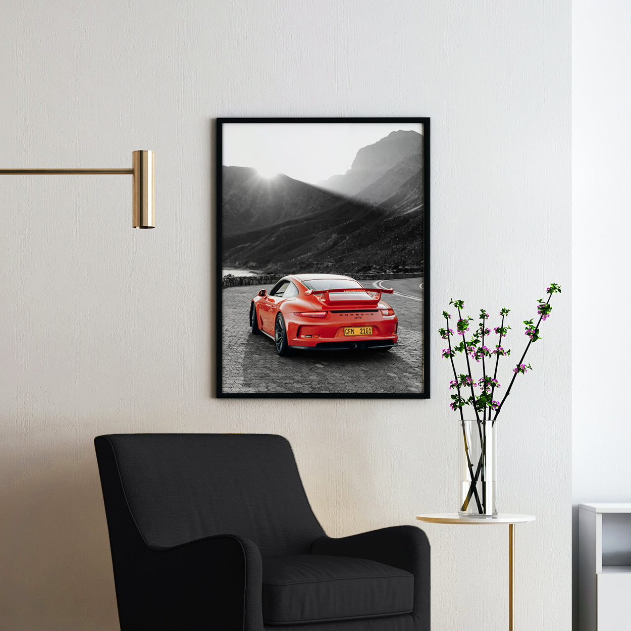 Red Porsche GT3 Landscape Black & White