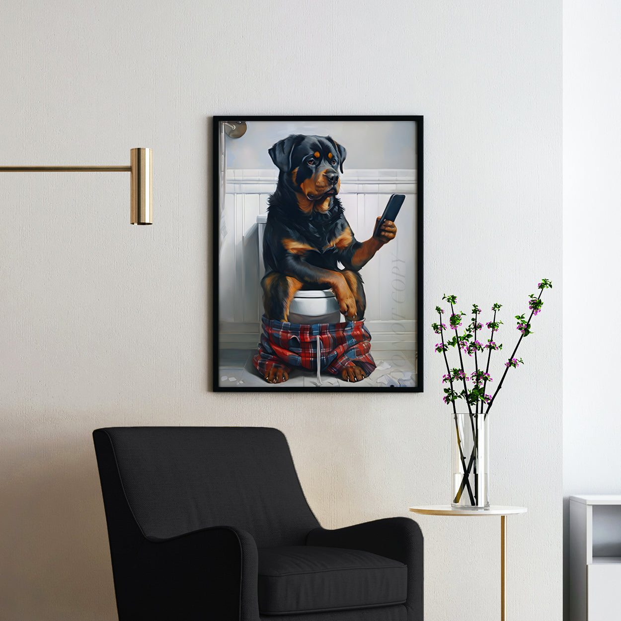 Rottweiler On The Phone On The Toilet