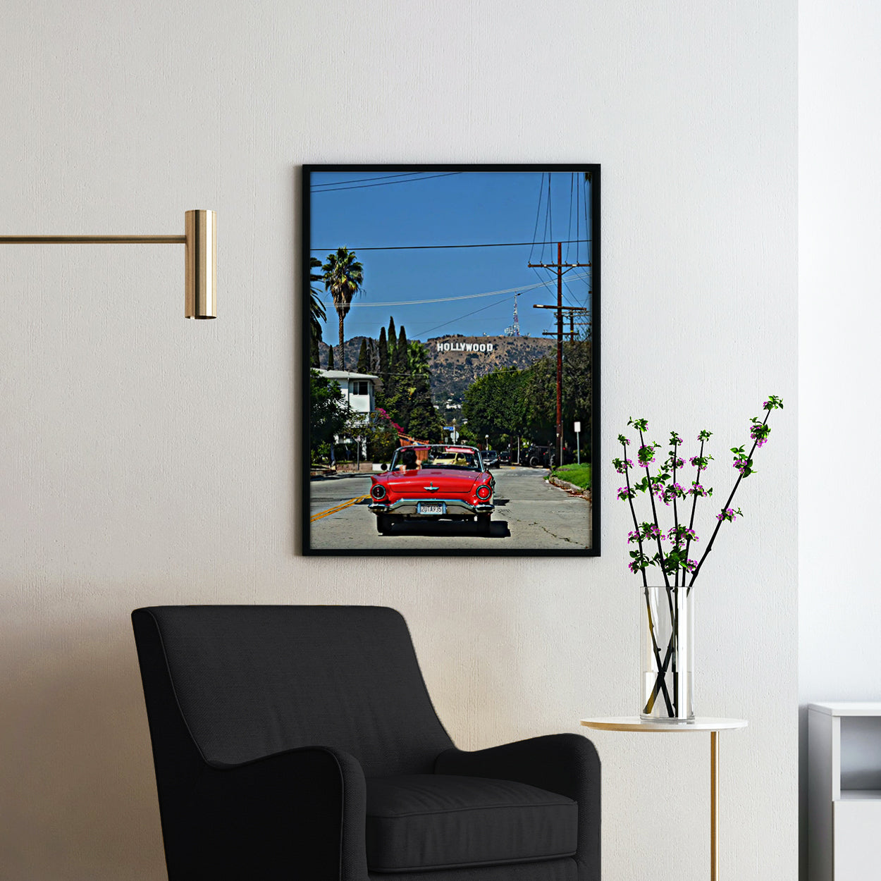Red Convertible with Hollywood Sign