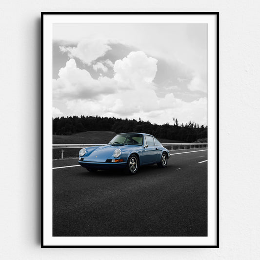 Old Blue Porsche Landscape on Black & White