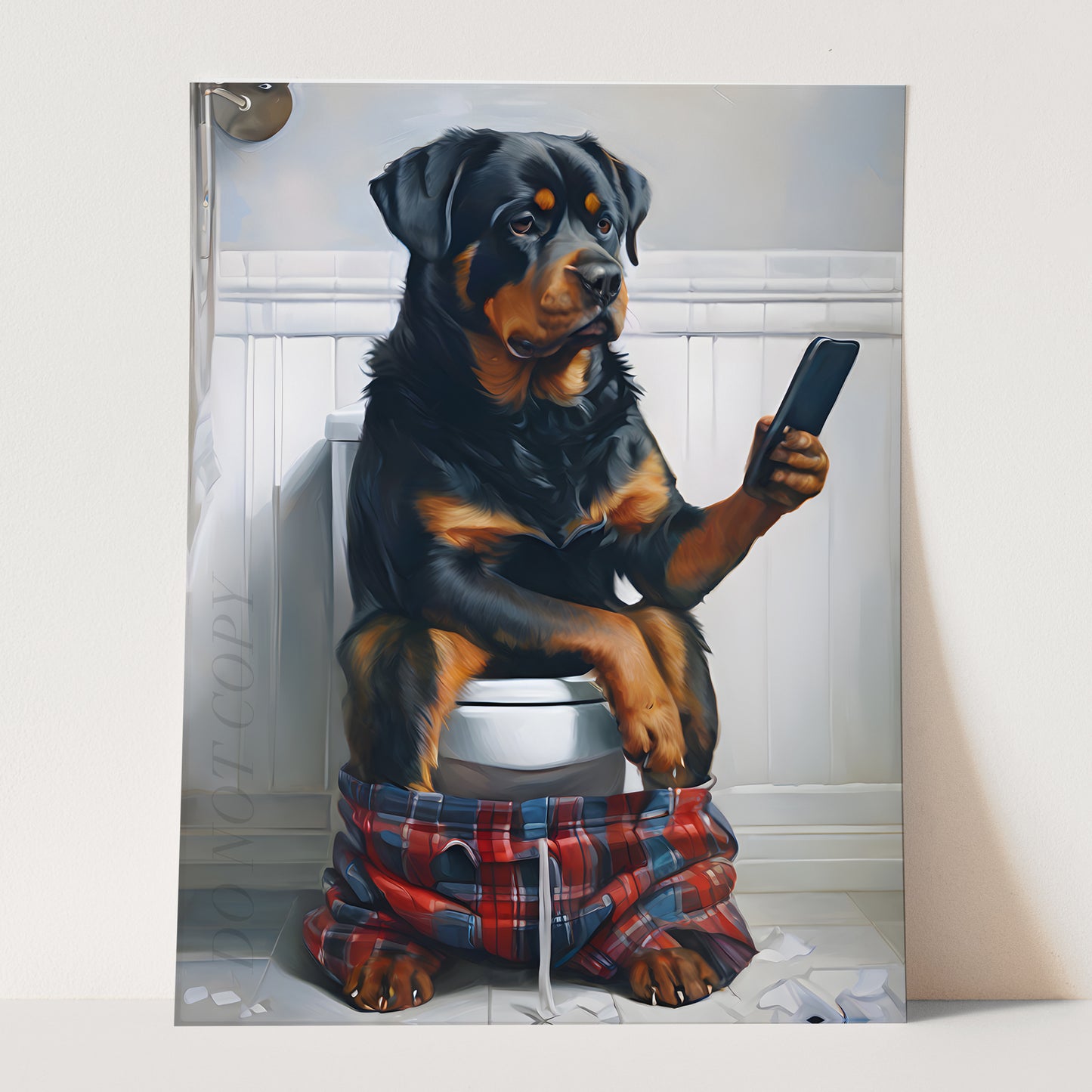 Rottweiler On The Phone On The Toilet