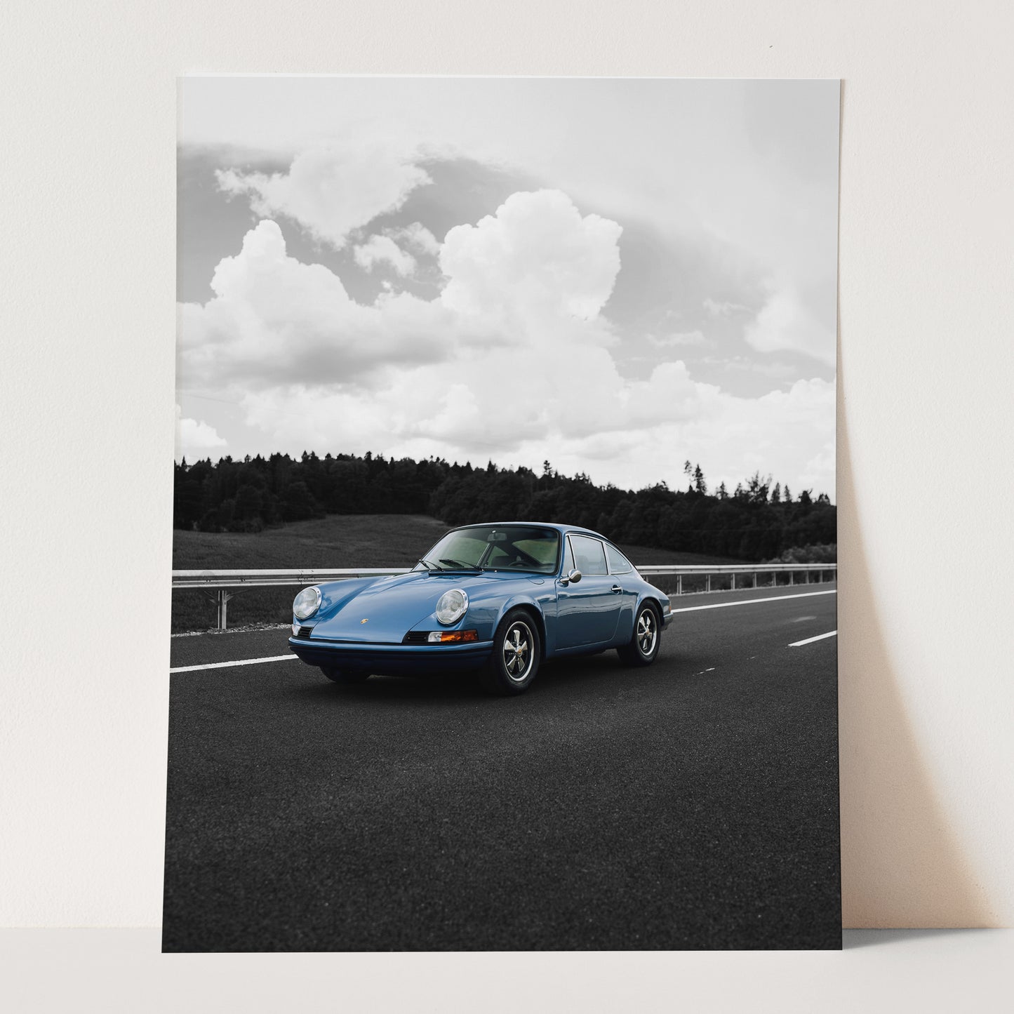 Old Blue Porsche Landscape on Black & White