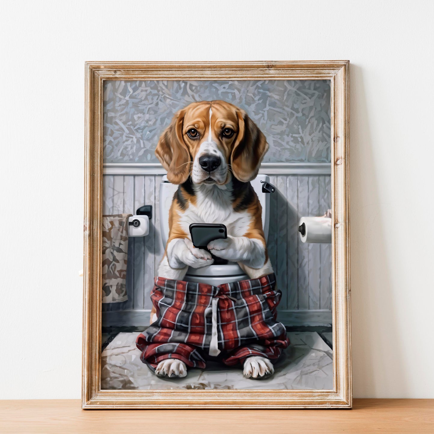 Beagle on Phone on the Toilet