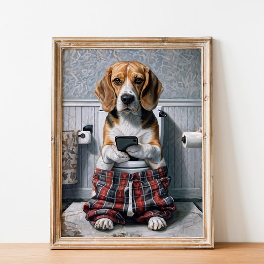 Beagle on Phone on the Toilet
