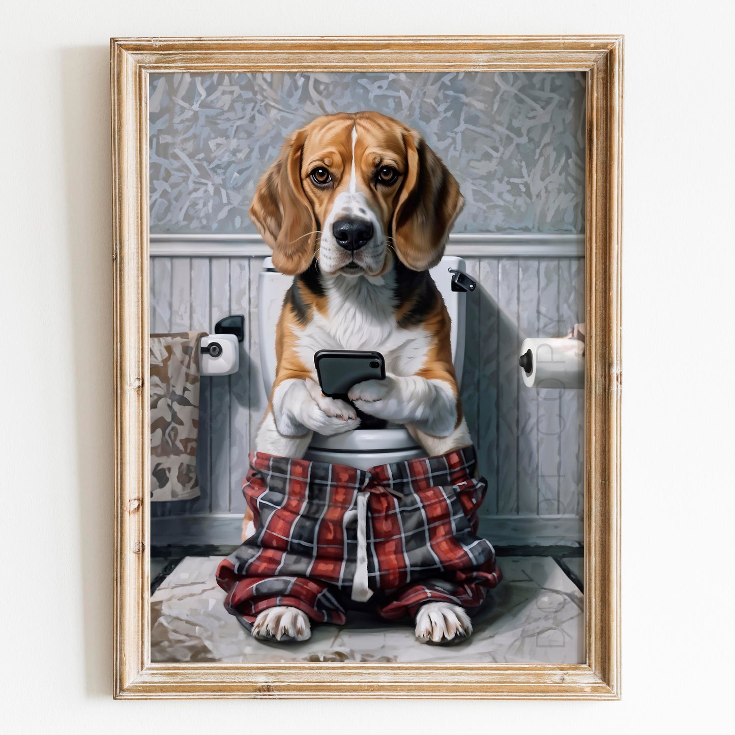 Beagle on Phone on the Toilet