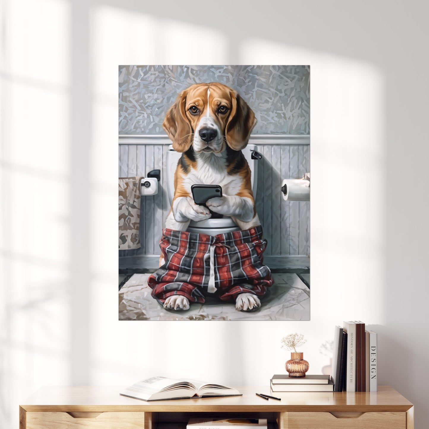 Beagle on Phone on the Toilet