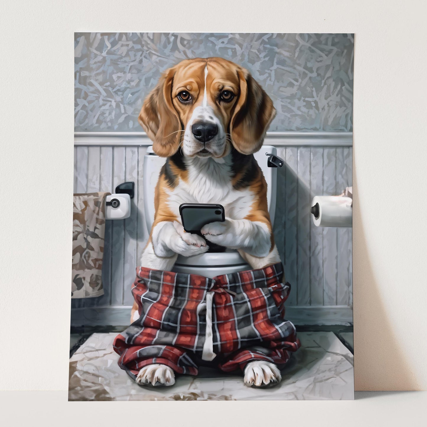 Beagle on Phone on the Toilet