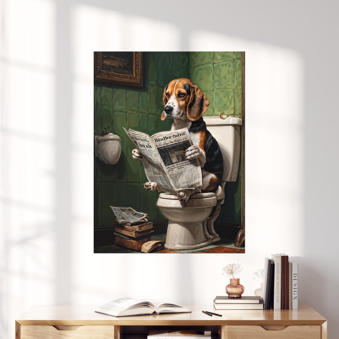 Beagle Reading A Newspaper On The Toilet