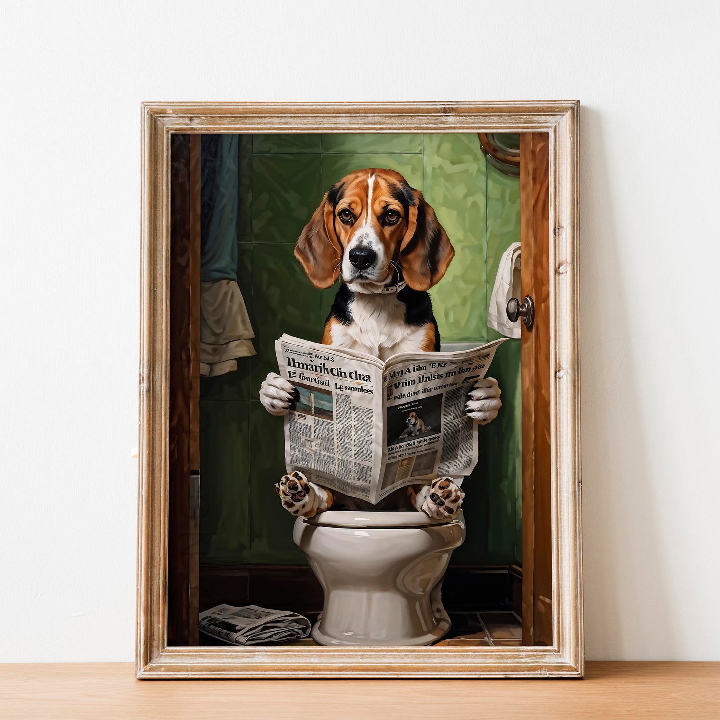 Beagle Reading the Newspaper On The Toilet