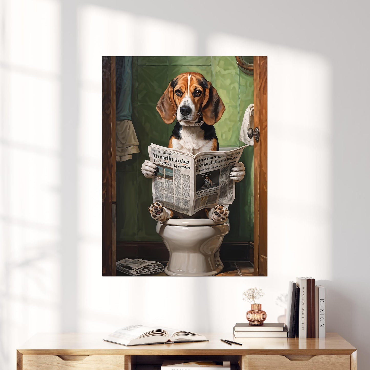 Beagle Reading the Newspaper On The Toilet