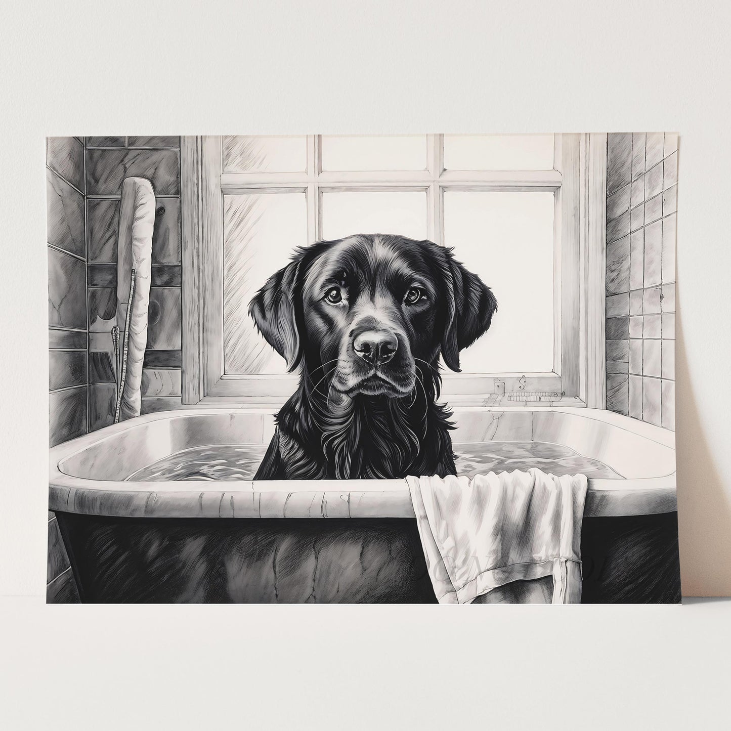 Black Labrador Retriever in the Bathtub