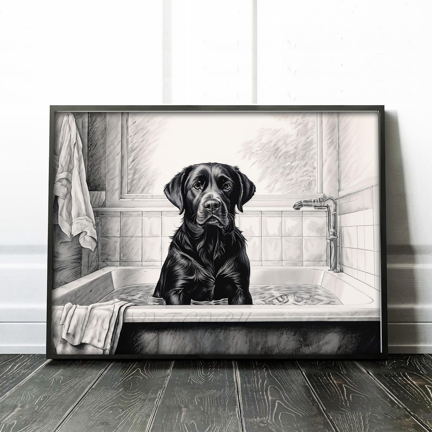 Black Labrador Retriever in the Bathtub