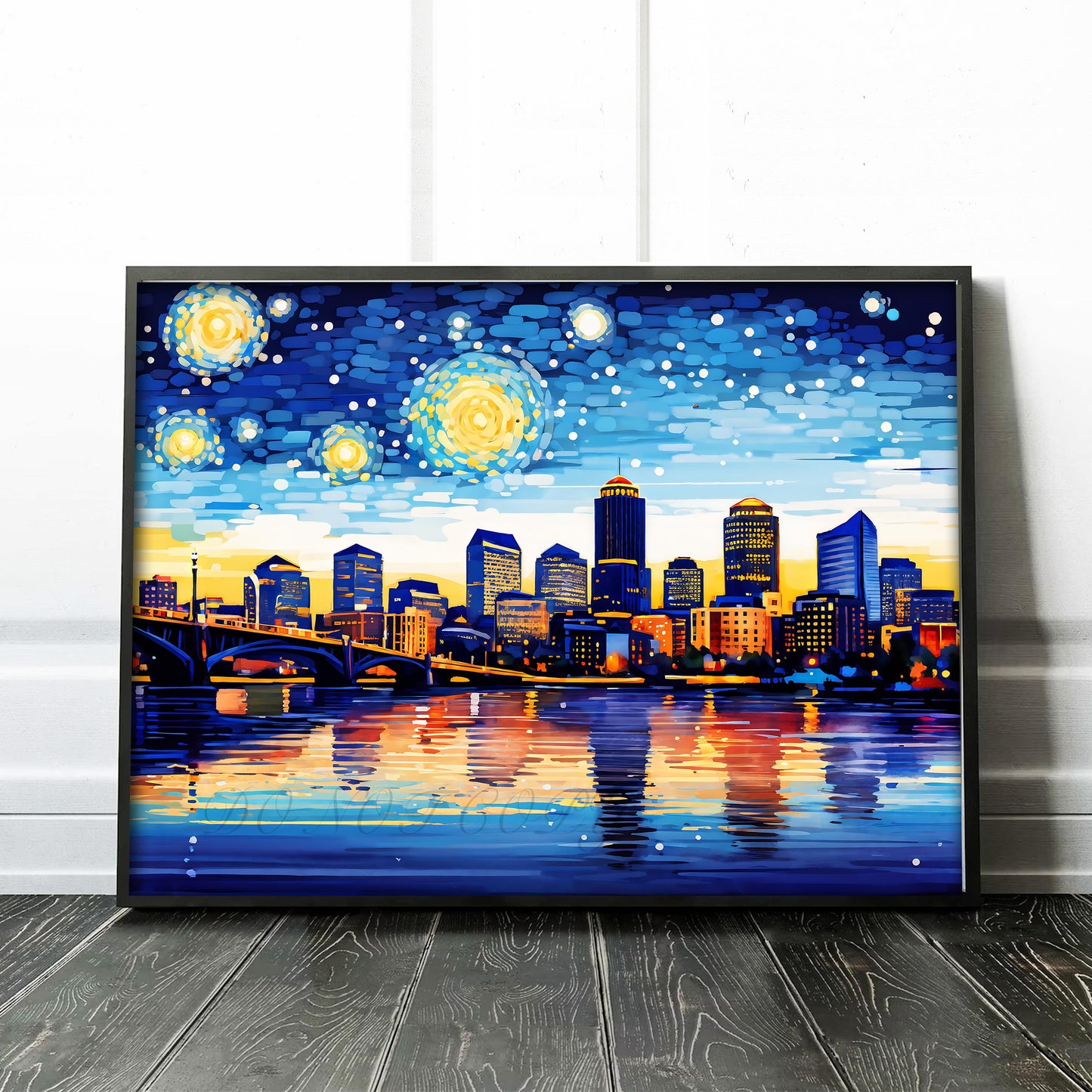 Boston City Skyline as Van Gogh Starry Night