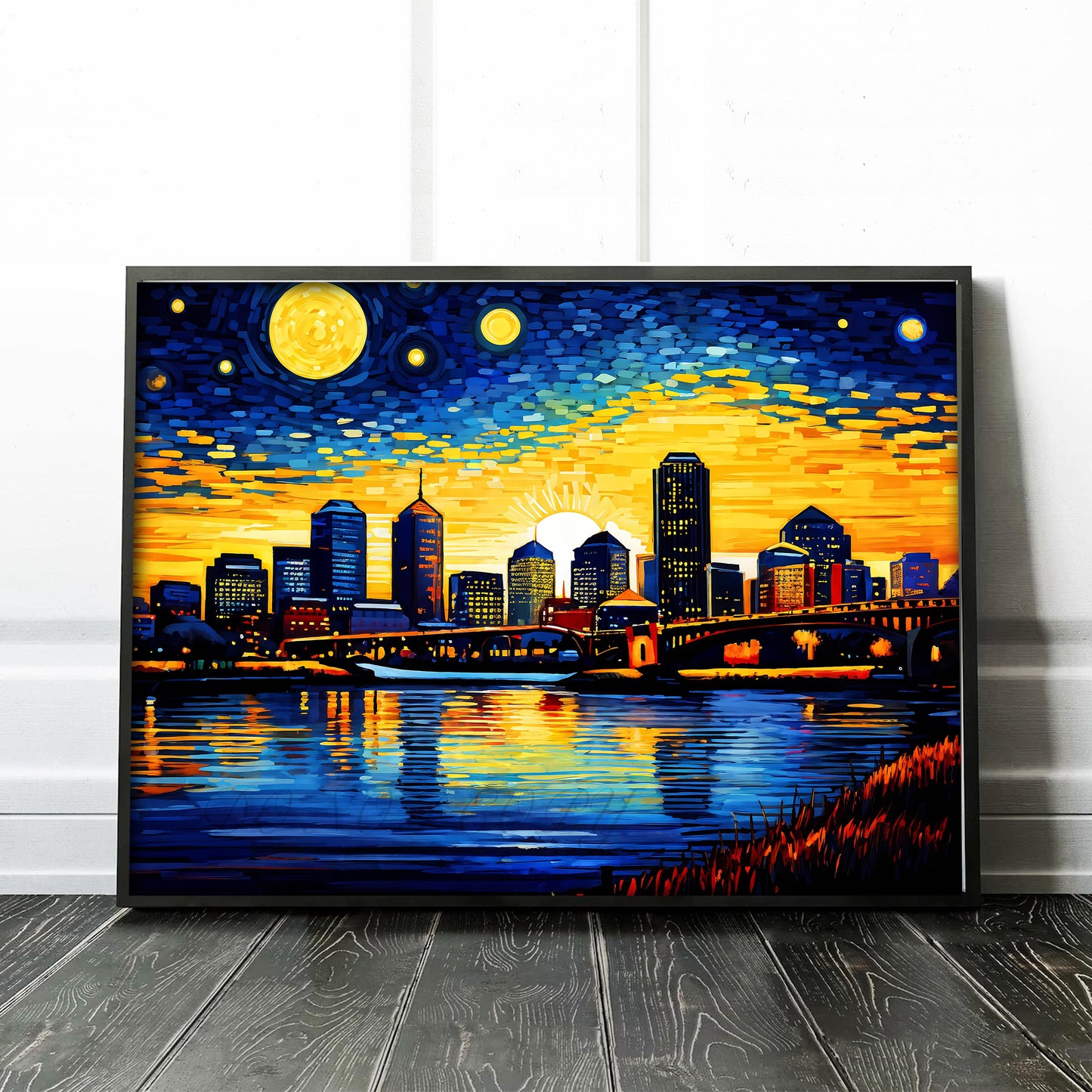Boston City Skyline as Van Gogh Starry Night
