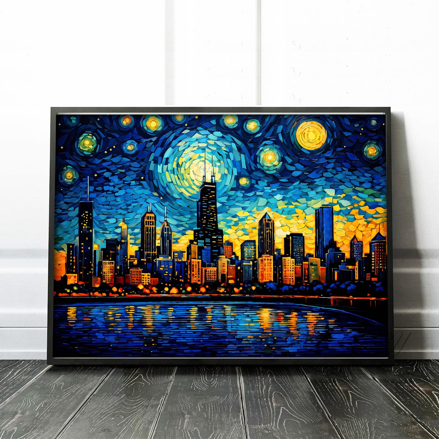 Chicago Skyline as Van Gogh Starry Night Painting