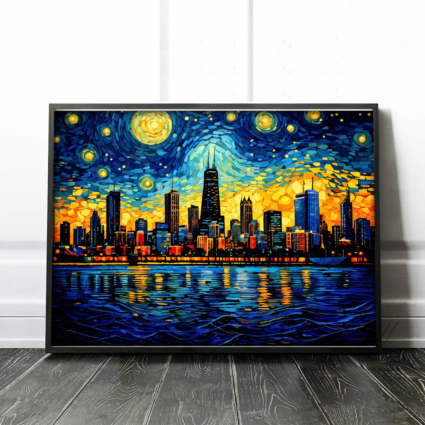 Chicago City Skyline as Van Gogh Starry Night Painting
