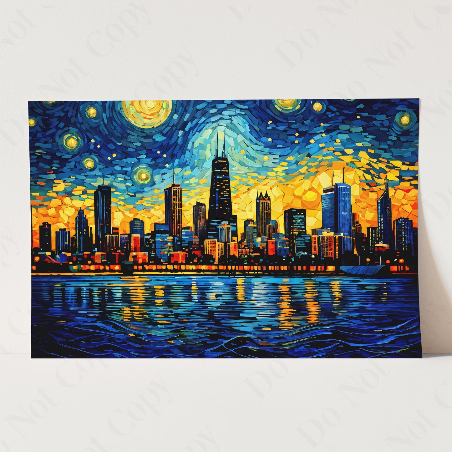 Chicago City Skyline as Van Gogh Starry Night Painting