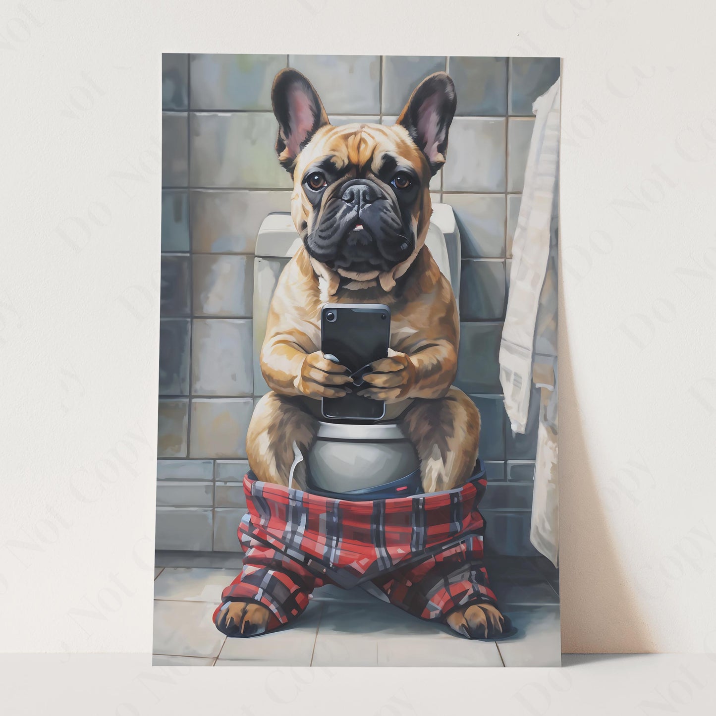 French Bulldog On Phone On The Toilet