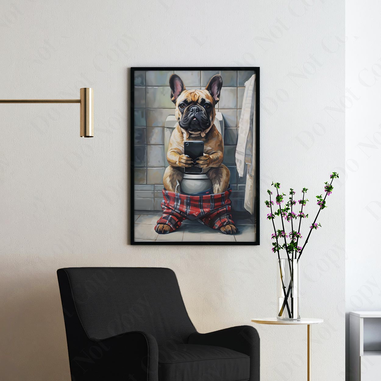French Bulldog On Phone On The Toilet