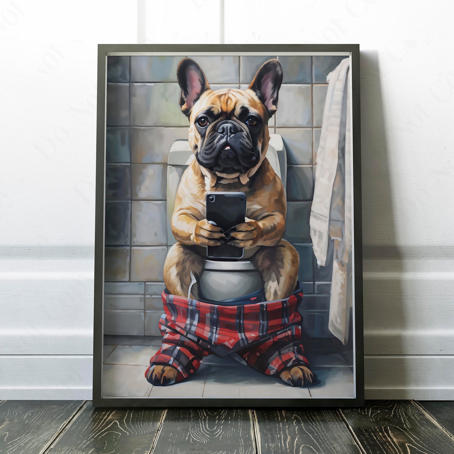 French Bulldog On Phone On The Toilet