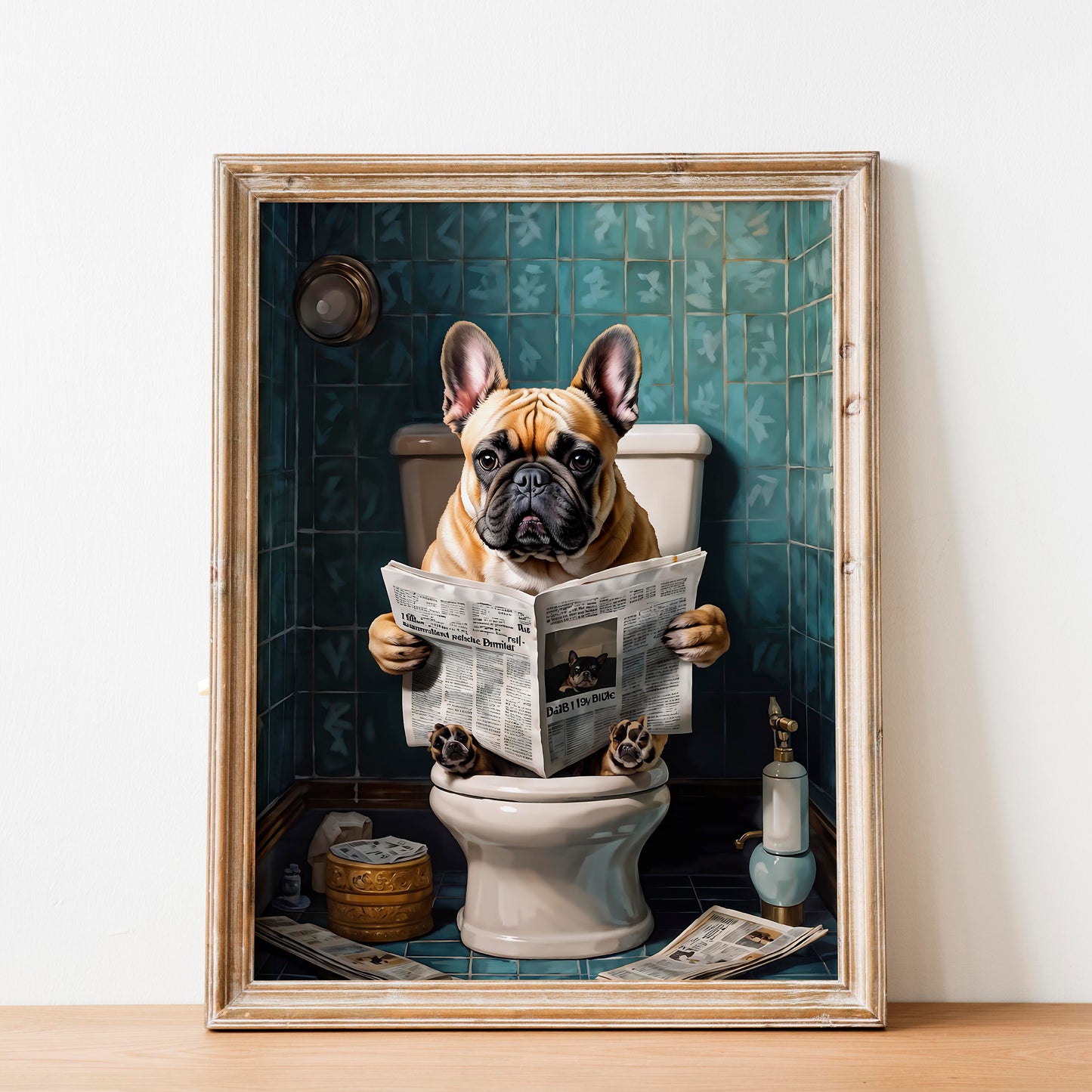 French Bulldog Reading a Newspaper on the Toilet
