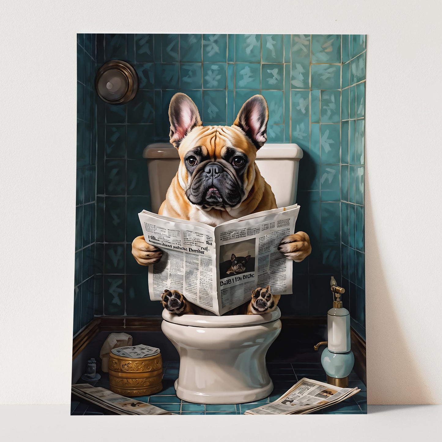 French Bulldog Reading a Newspaper on the Toilet